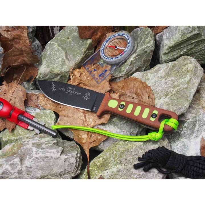 Couteau Tops Lite Trekker Survival Tan Lame Acier 1095 Manche Micarta Etui Kydex Firestarter USA TPTLT0SG - Livraison Gratuite