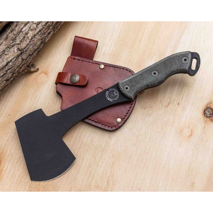 Hache Ontario Camp Plus Hatchet Lame Acier Carbone 1075 Manche Micarta Etui CUir Made USA ON4230 - Livraison Gratuite