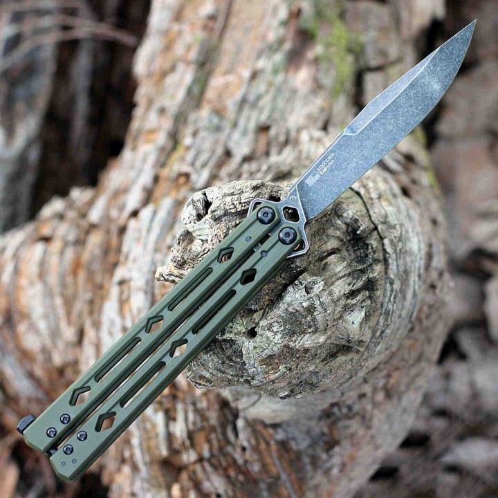 Couteau Kershaw Lucha Balisong Butterfly Stonewash Lame Acier 14C28N Manche Green KIVT USA KS5150ODBW - Livraison Gratuite