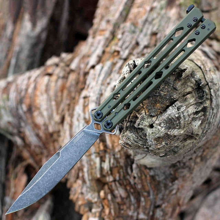 Couteau Kershaw Lucha Balisong Butterfly Stonewash Lame Acier 14C28N Manche Green KIVT USA KS5150ODBW - Livraison Gratuite
