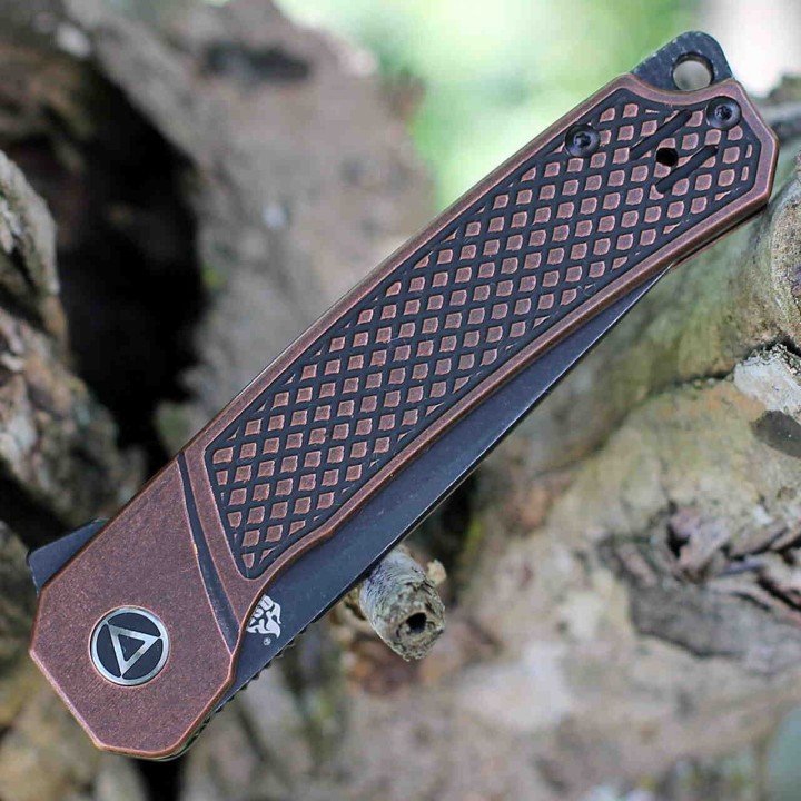 Couteau QSP Osprey Copper Black Lame Acier 14C28N Manche Cuivre IKBS Linerlock Clip QS139E2 - Livraison Gratuite