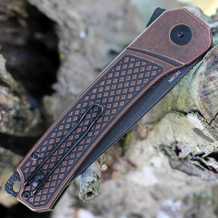Couteau QSP Osprey Copper Black Lame Acier 14C28N Manche Cuivre IKBS Linerlock Clip QS139E2 - Livraison Gratuite