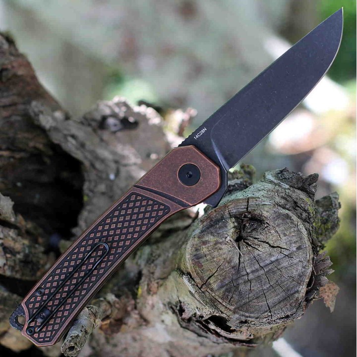 Couteau QSP Osprey Copper Black Lame Acier 14C28N Manche Cuivre IKBS Linerlock Clip QS139E2 - Livraison Gratuite