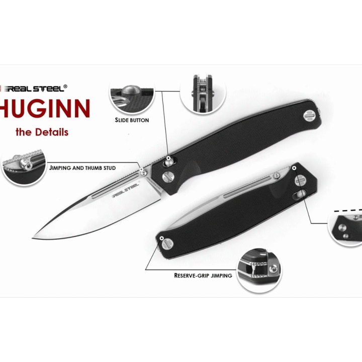 Couteau Real Steel HUGINN Black/Satin Manche G10 Lame Acier VG10 Slide Lock Clip RS7651 - Livraison Gratuite