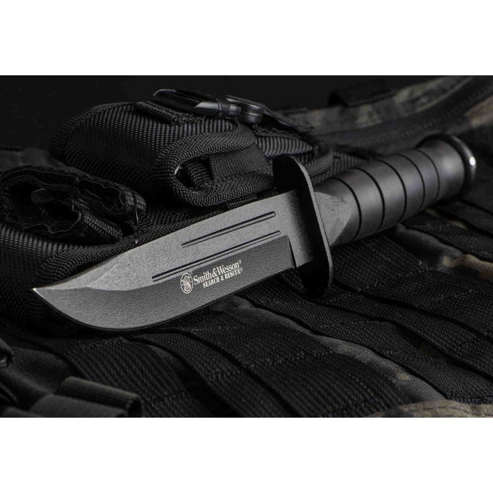 Couteau Smith&Wesson Search & Rescue Lame Acier 7Cr17MoV Manche Caoutchouc Etui Nylon+Pierre SWSUR2CP - Livraison Gratuite