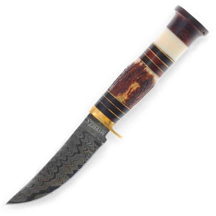 Couteau Skinner Marbles Lame Damas 256 Couches Manche Bois de Chevreuil/Bois/Corne Etui Cuir MR611 - Livraison Gratuite