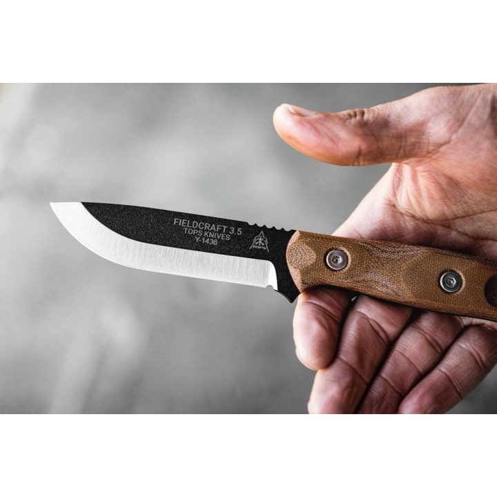 Couteau de Survie TOPS Fieldcraft 3.5 Lame Acier Carbone 1095 Manche Tan Etui Kydex Made USA TPMBROS01 - Livraison Gratuite