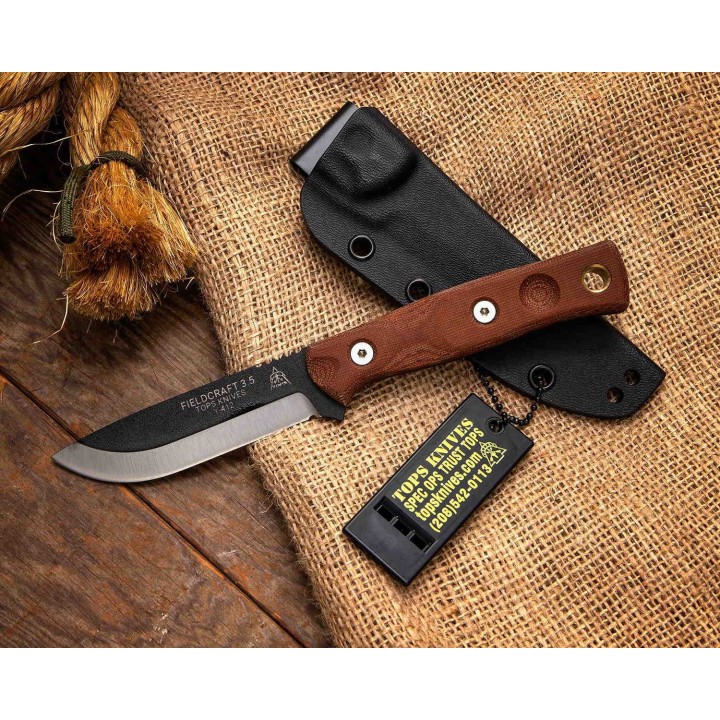 Couteau de Survie TOPS Fieldcraft 3.5 Lame Acier Carbone 1095 Manche Tan Etui Kydex Made USA TPMBROS01 - Livraison Gratuite