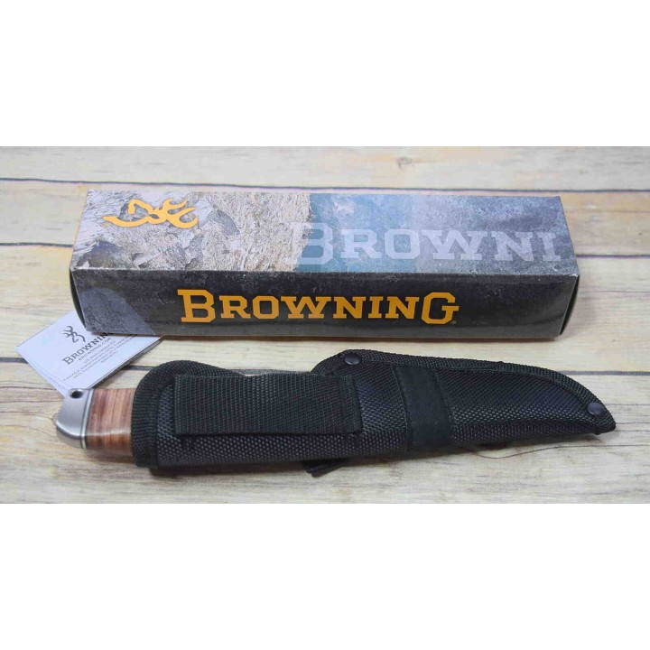 Couteau De Chasse Skinner Browning Hunting Lame Acier Inox Manche Cuir Etui Nylon BR814 - Livraison Gratuite