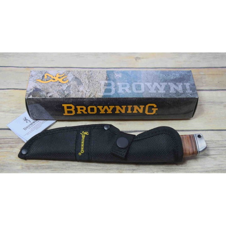 Couteau De Chasse Skinner Browning Hunting Lame Acier Inox Manche Cuir Etui Nylon BR814 - Livraison Gratuite