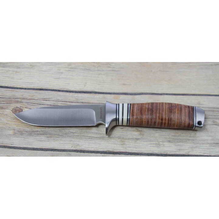 Couteau De Chasse Skinner Browning Hunting Lame Acier Inox Manche Cuir Etui Nylon BR814 - Livraison Gratuite