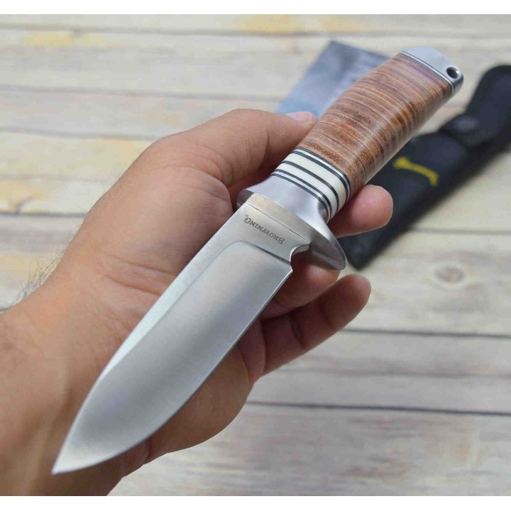 Couteau De Chasse Skinner Browning Hunting Lame Acier Inox Manche Cuir Etui Nylon BR814 - Livraison Gratuite