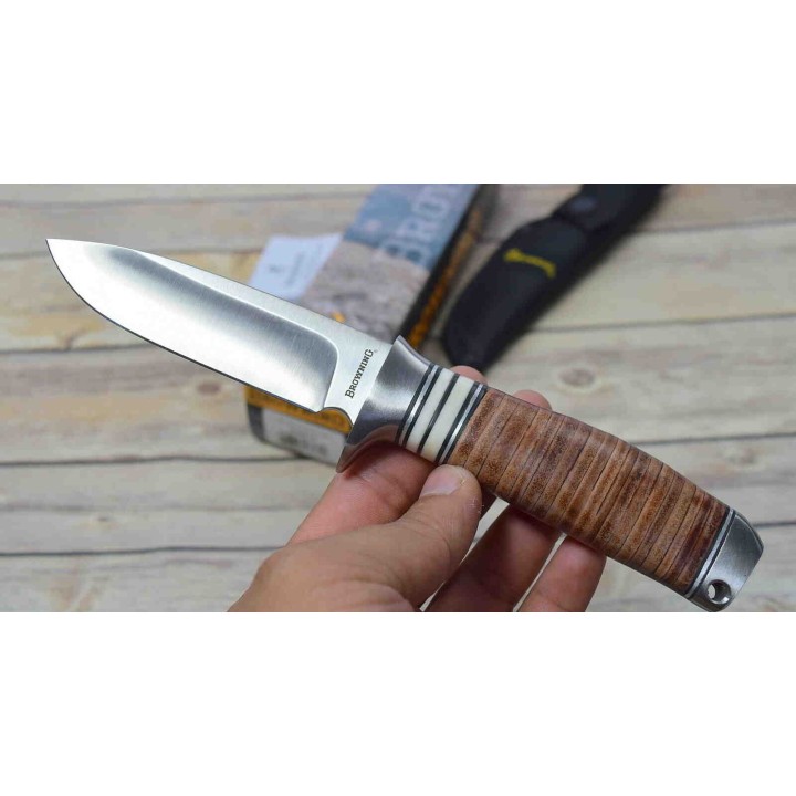Couteau De Chasse Skinner Browning Hunting Lame Acier Inox Manche Cuir Etui Nylon BR814 - Livraison Gratuite