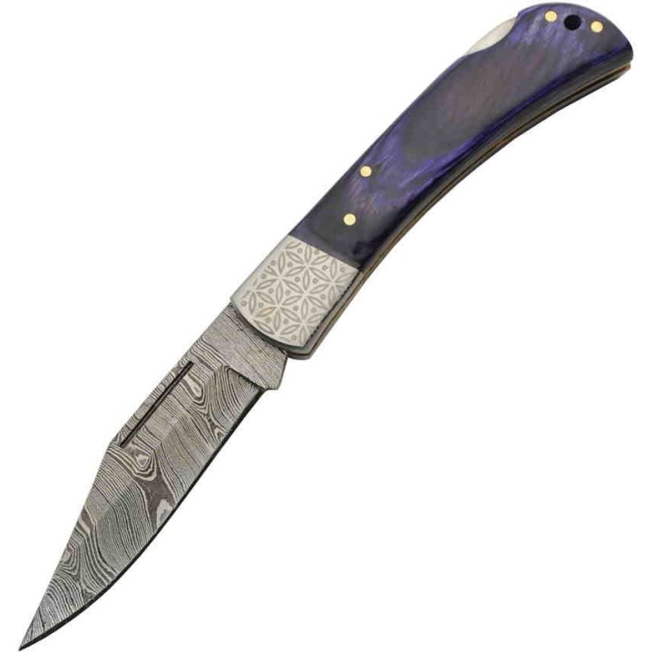 Couteau Damas Opal Blue Royal Lame Damas 128 Couches Manche Bois Lockback Etui Cuir DM1310 - Livraison Gratuite