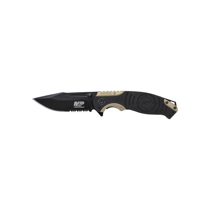 Couteau Smith&Wesson M&P Lame Acier 8Cr13Mov Serr Manche Aluminium Black&Gold Linerlock Clip SWMP13BSCP - Livraison Gratuite