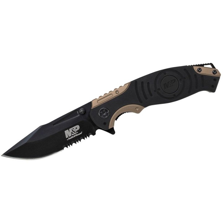 Couteau Smith&Wesson M&P Lame Acier 8Cr13Mov Serr Manche Aluminium Black&Gold Linerlock Clip SWMP13BSCP - Livraison Gratuite