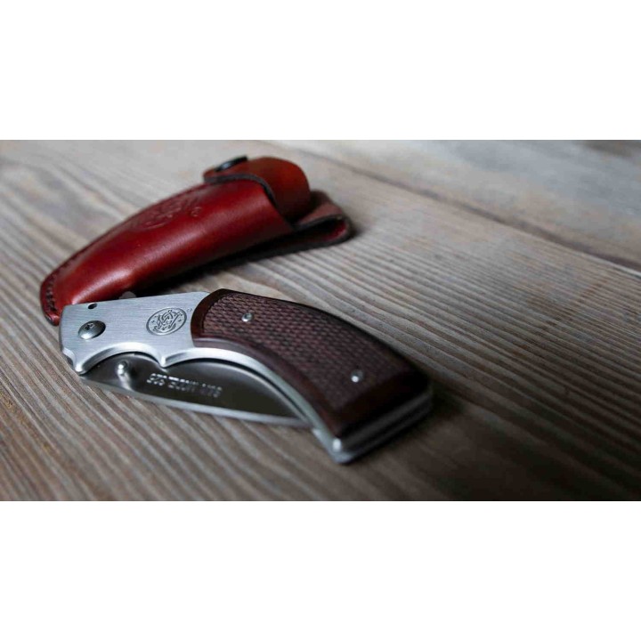 Couteau Smith&Wesson M325 Revolver Lame Acier 3Cr13 Manche Bois Holster Cuir SW1168583 - Livraison Gratuite