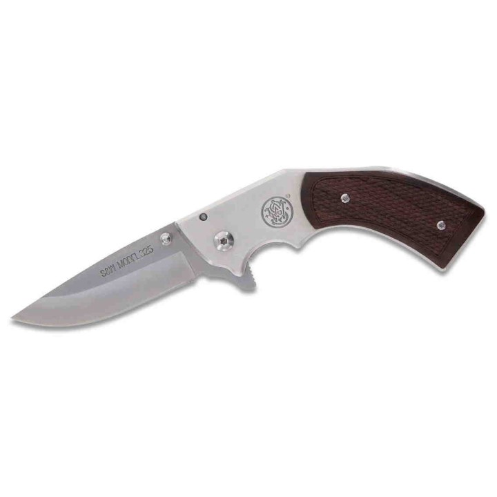 Couteau Smith&Wesson M325 Revolver Lame Acier 3Cr13 Manche Bois Holster Cuir SW1168583 - Livraison Gratuite