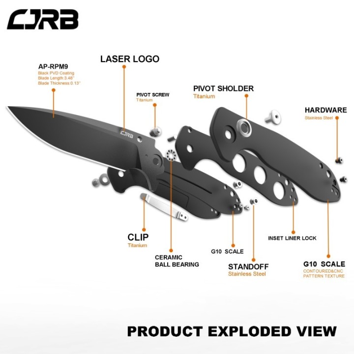 Couteau CJRB Scoria Black Lame Acier AR-RPM9 Manche G10 IKBS J1920BBK - Livraison Gratuite