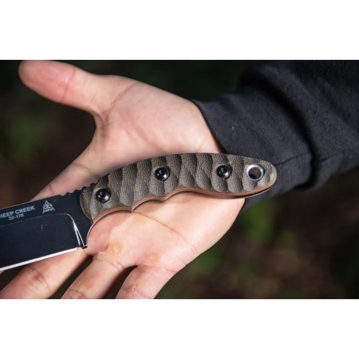 Couteau Tops Knives Sheep Creek Tan & Green Manche Micarta Lame Acier 154Cm Etui Kydex Made USA TPSPCK01 - Livraison Gratuite
