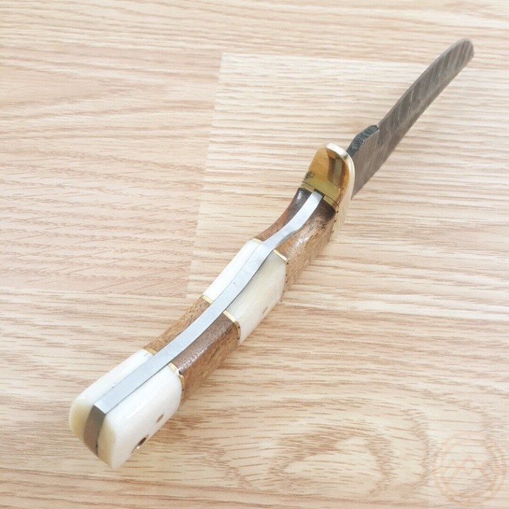 Couteau Bowie Damas Hunter Walnut/Bone 256 Couches Manche Bois & Os Etui Cuir DM1313BW - Livraison Gratuite