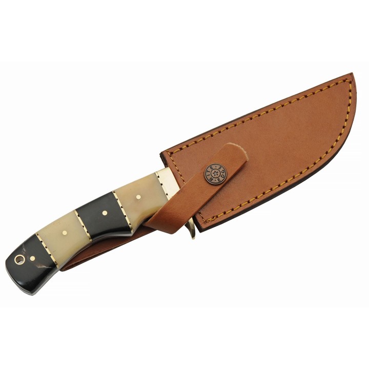 Couteau Bowie Damas Hunter Horn/Bone 256 Couches Manche Corne & Os Etui Cuir DM1313HB - Livraison Gratuite
