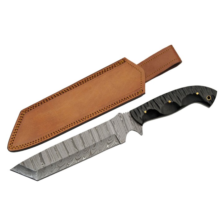 Couteau Damas Slate Hunter Machete 256 Couches Manche Micarta Etui Cuir DM1322 - Livraison Gratuite