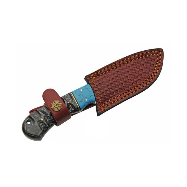 Couteau Skinner Damas 256 Couches Dusk At Dawn Hunter Manche Bois&Turquoise Etui Cuir DM1297 - Livraison Gratuite