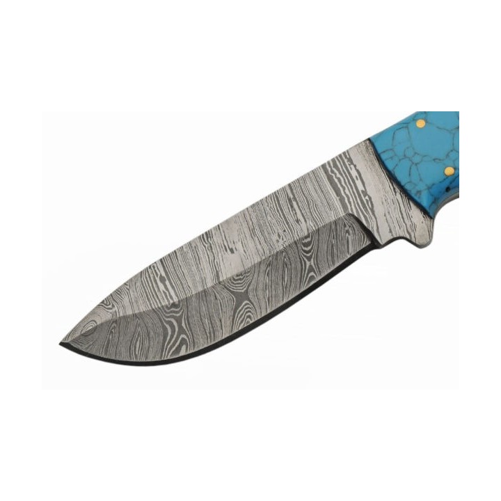 Couteau Skinner Damas 256 Couches Dusk At Dawn Hunter Manche Bois&Turquoise Etui Cuir DM1297 - Livraison Gratuite