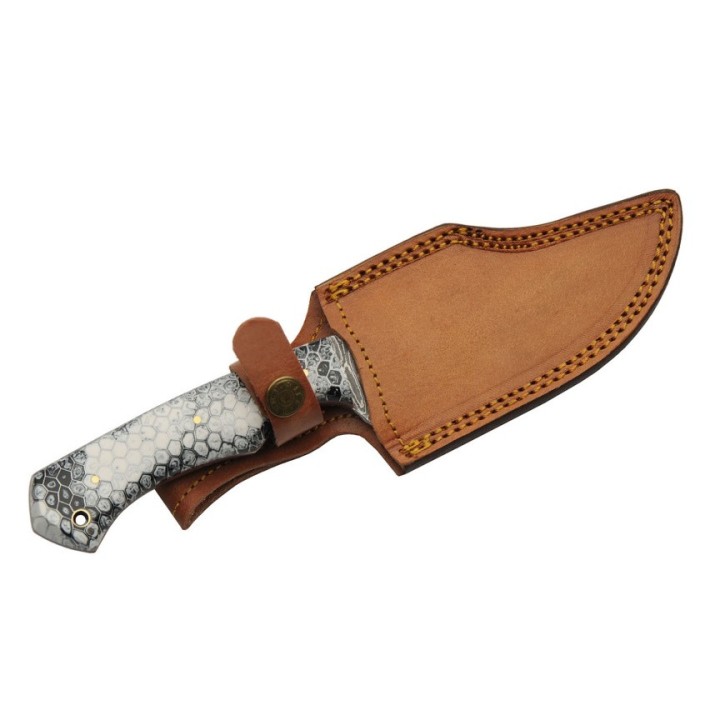 Couteau Bowie Damas 256 Couches Texas Rattler Manche Façon Snake Etui Cuir DM1321 - Livraison Gratuite