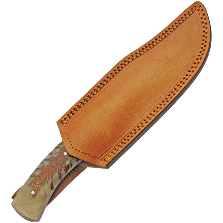 Couteau Bowie Damas 256 Couches Pine Ranch Hunter Manche Acrylique Etui Cuir DM1328 - Livraison Gratuite