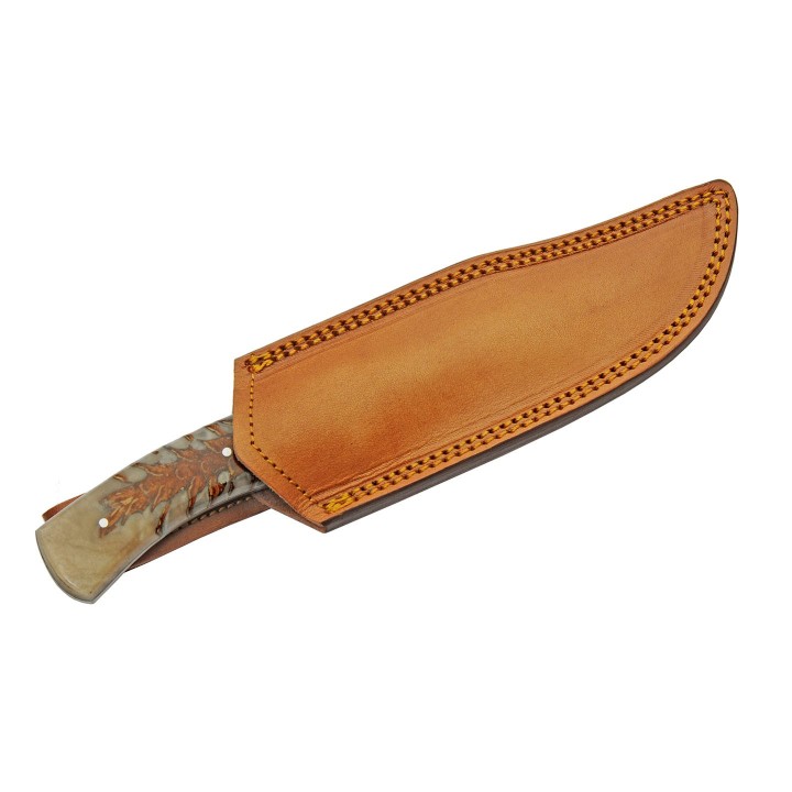 Couteau Bowie Damas 256 Couches Pine Ranch Hunter Manche Acrylique Etui Cuir DM1328 - Livraison Gratuite