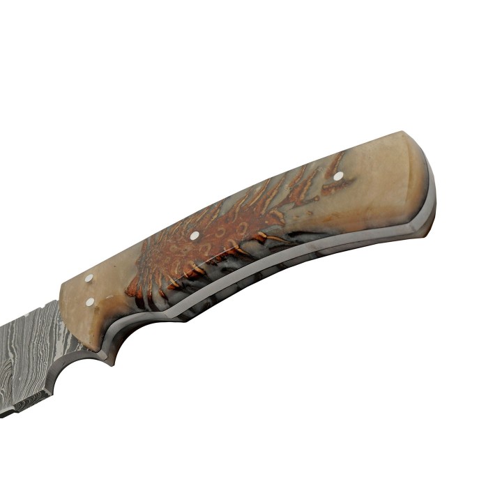 Couteau Bowie Damas 256 Couches Pine Ranch Hunter Manche Acrylique Etui Cuir DM1328 - Livraison Gratuite
