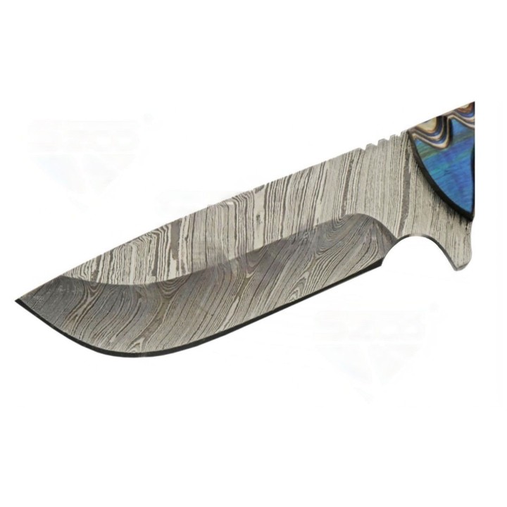 Couteau Bowie Damas 256 Couches Blue River Hunter Manche Bois Etui Cuir DM1334 - Livraison Gratuite