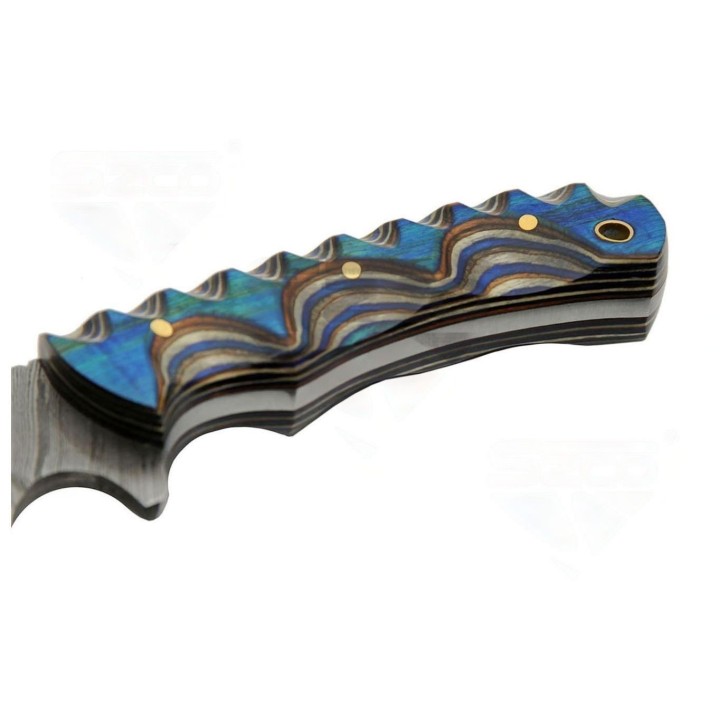 Couteau Bowie Damas 256 Couches Blue River Hunter Manche Bois Etui Cuir DM1334 - Livraison Gratuite