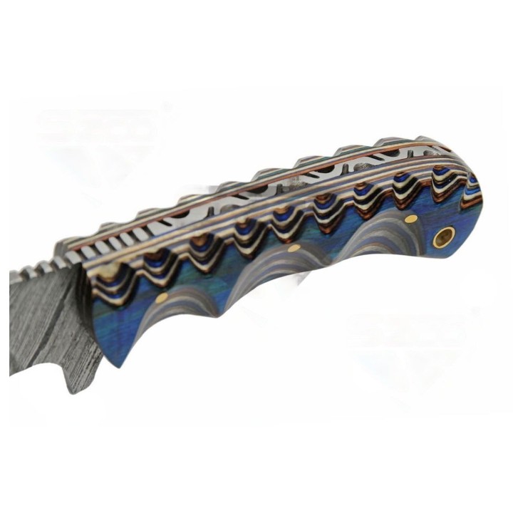 Couteau Bowie Damas 256 Couches Blue River Hunter Manche Bois Etui Cuir DM1334 - Livraison Gratuite