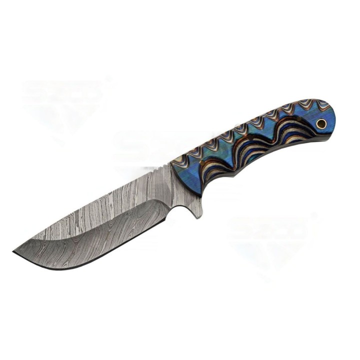 Couteau Bowie Damas 256 Couches Blue River Hunter Manche Bois Etui Cuir DM1334 - Livraison Gratuite