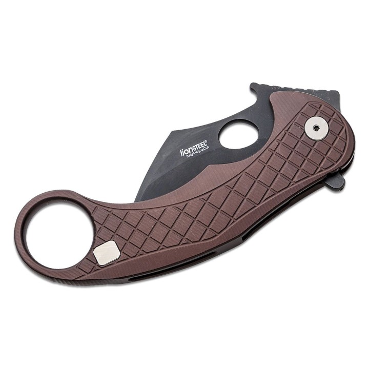 Couteau Karambit LionSteel L.E.One Brown Lame Acier CPM-MagnaCut Black Manche Alu Clip Italy LSTLE1AEB - Livraison Gratuite