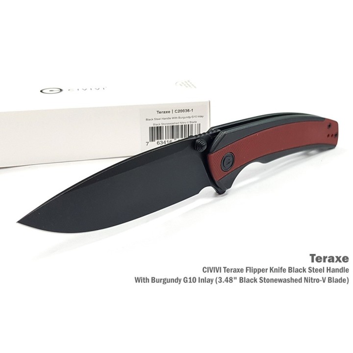 Couteau CIVIVI Teraxe Burgundy Lame Acier Nitro-V Black Stonewash Manche G10 IKBS Framelock Clip CIVC200361 - Livraison Gratuite