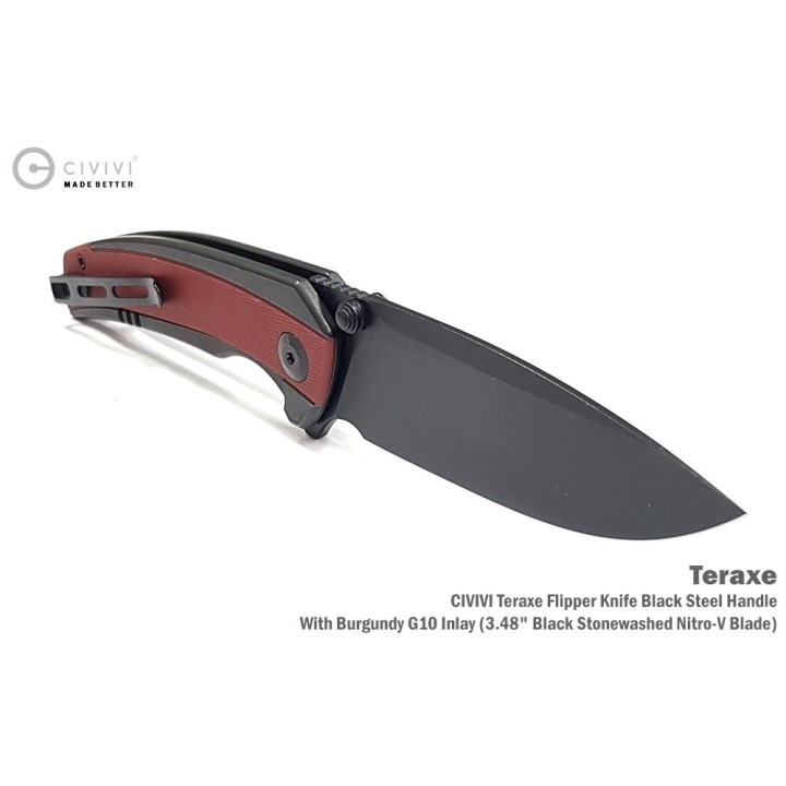 Couteau CIVIVI Teraxe Burgundy Lame Acier Nitro-V Black Stonewash Manche G10 IKBS Framelock Clip CIVC200361 - Livraison Gratuite