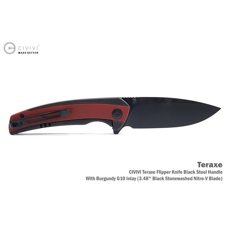 Couteau CIVIVI Teraxe Burgundy Lame Acier Nitro-V Black Stonewash Manche G10 IKBS Framelock Clip CIVC200361 - Livraison Gratuite