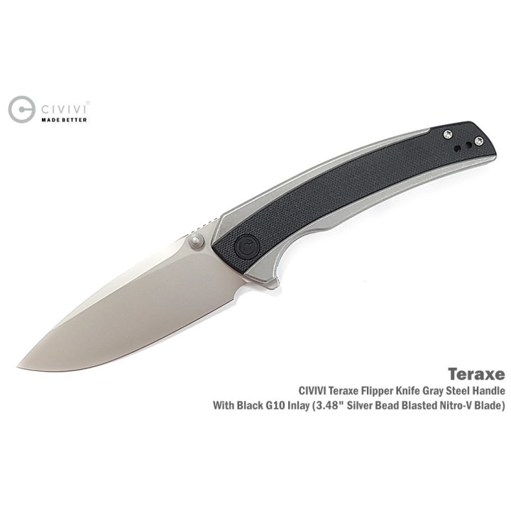 Couteau CIVIVI Teraxe Black Lame Acier Nitro-V Bead Blast Manche G10 IKBS Framelock Clip CIVC200363 - Livraison Gratuite