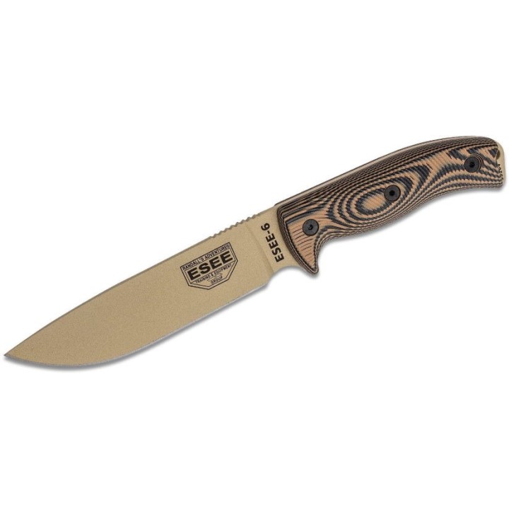 Couteau ESEE Esee-6 Desert Tan Manche Coyote Brown G10 Acier Carbone 1095 Etui USA ES6PDT005 - Livraison Gratuite