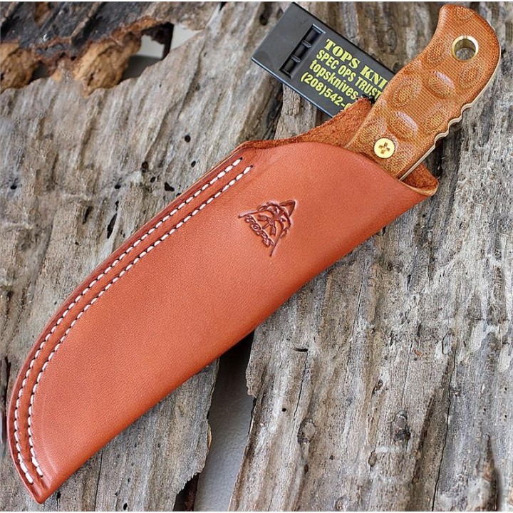 Couteau Bushcraft Tops Tex Creek 69 Acier Carbone 1095 Manche Micarta Etui Cuir Sifflet Made USA TPTEX69 - Livraison Gratuite