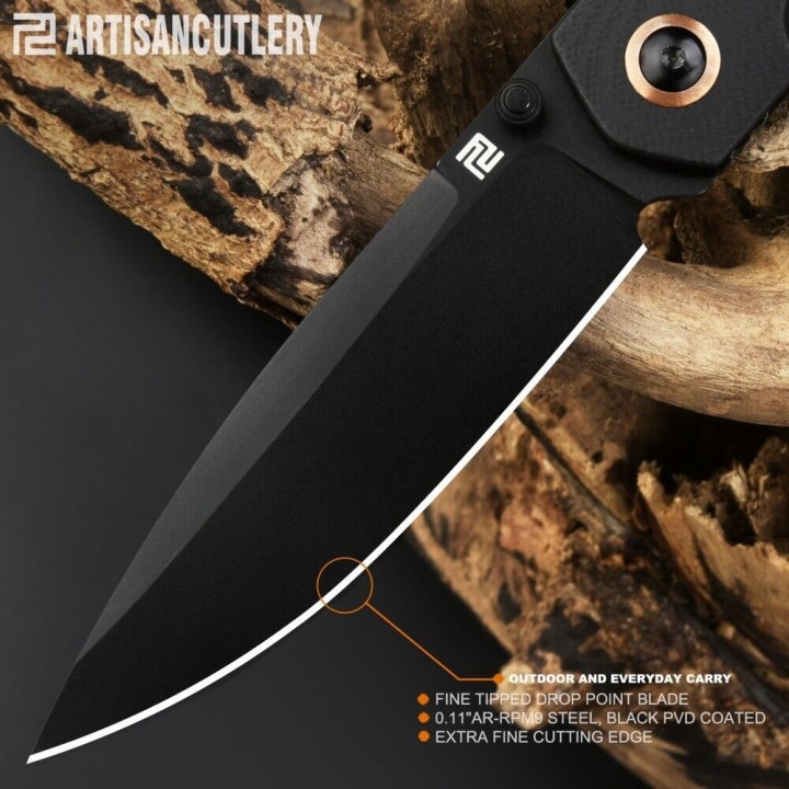 Couteau ArtisanCutlery Sirius Black Manche G10 Lame Acier AR-RPM9 Black IKBS Linerlock Clip ATZ1849PBBK - Livraison Gratuite