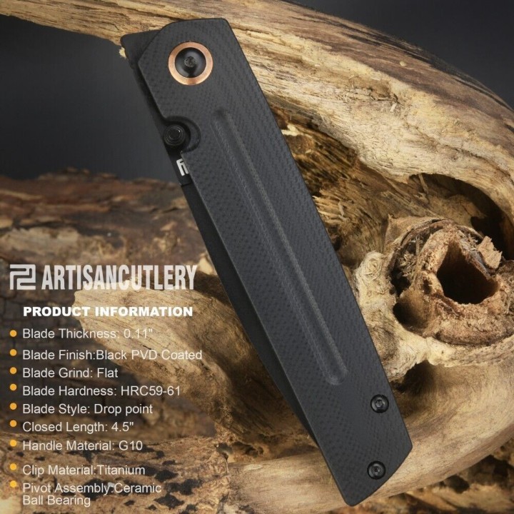 Couteau ArtisanCutlery Sirius Black Manche G10 Lame Acier AR-RPM9 Black IKBS Linerlock Clip ATZ1849PBBK - Livraison Gratuite