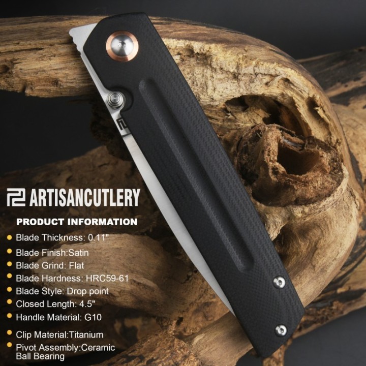 Couteau ArtisanCutlery Sirius Black Manche G10 Lame Acier AR-RPM9 IKBS Linerlock Clip ATZ1849PBK - Livraison Gratuite