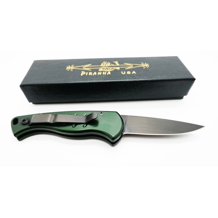 Couteau Automatique Piranha Fingerling Green Lame Acier 154CM Manche Alum Button Lock Clip USA PKCP2GT - Livraison Gratuite