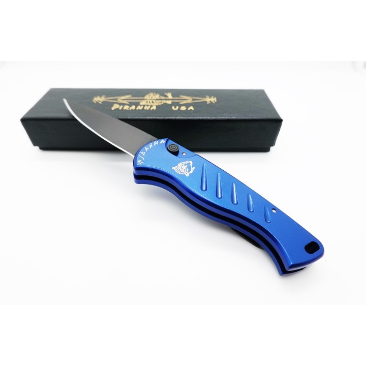Couteau Automatique Piranha Fingerling Blue Lame Acier 154Cm Manche Aluminium Button Lock Clip USA PKCP2BT - Livraison Gratuite
