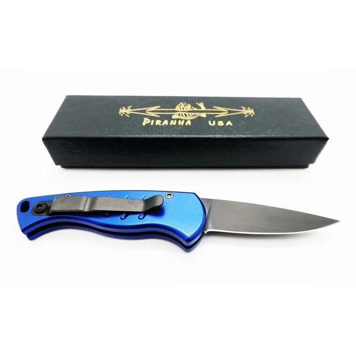 Couteau Automatique Piranha Fingerling Blue Lame Acier 154Cm Manche Aluminium Button Lock Clip USA PKCP2BT - Livraison Gratuite